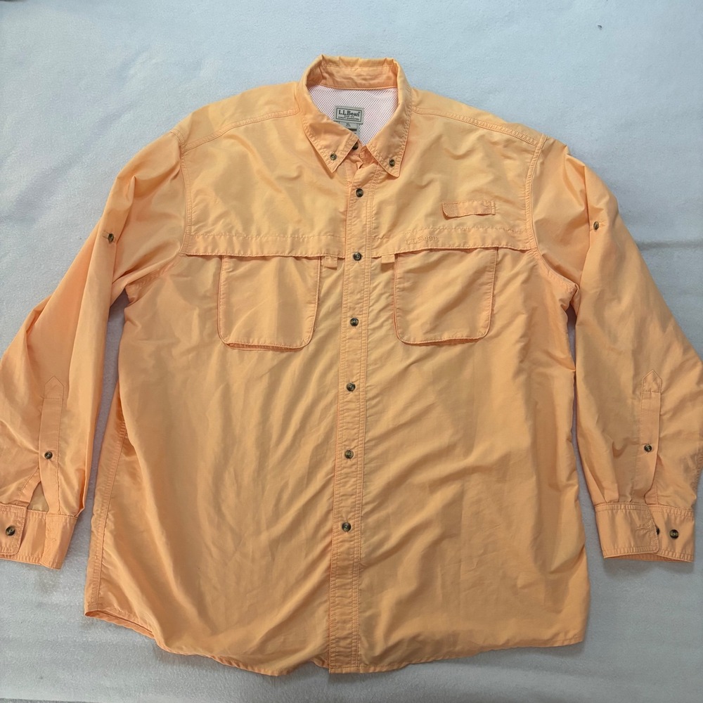 LL Bean Mens XL Fishing Shirt Peach Orange Long Sleeve Vented Trail Technical